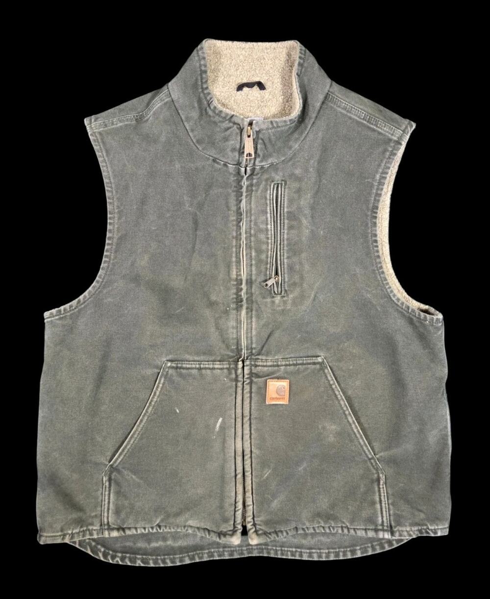 Carhartt V33 Mos Sherpa Lined Canvas Vest Large Green Workwear Streetwear Zip Up